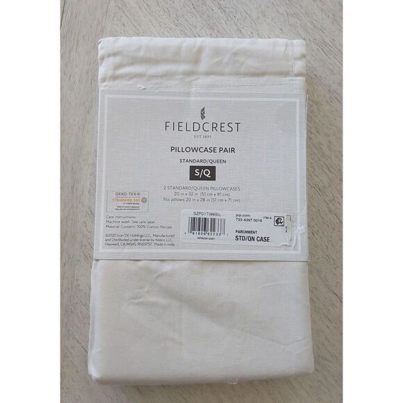 FIELDCREST White PARCHMENT Cotton Percale Standard Queen Pillowcases 2-Pk 300TC - Picture 6 of 8